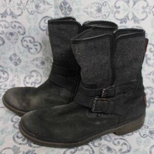 UGG Waterproof Boots Women's‎ Black Leather Wool Buckle Winter Moto Style